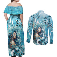 Hawaii Namaka Goddess Of The Sea Couples Matching Off Shoulder Maxi Dress and Long Sleeve Button Shirt Polynesian Style LT05 - Polynesian Pride