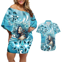 Hawaii Namaka Goddess Of The Sea Couples Matching Off Shoulder Short Dress and Hawaiian Shirt Polynesian Style LT05 Turquoise - Polynesian Pride