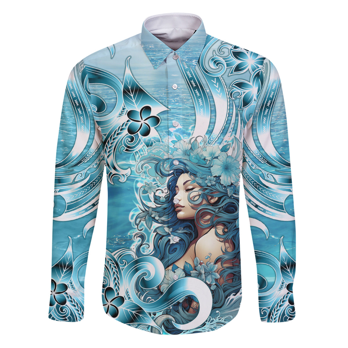 Hawaii Namaka Goddess Of The Sea Family Matching Puletasi and Hawaiian Shirt Polynesian Style LT05 Dad's Shirt - Long Sleeve Turquoise - Polynesian Pride