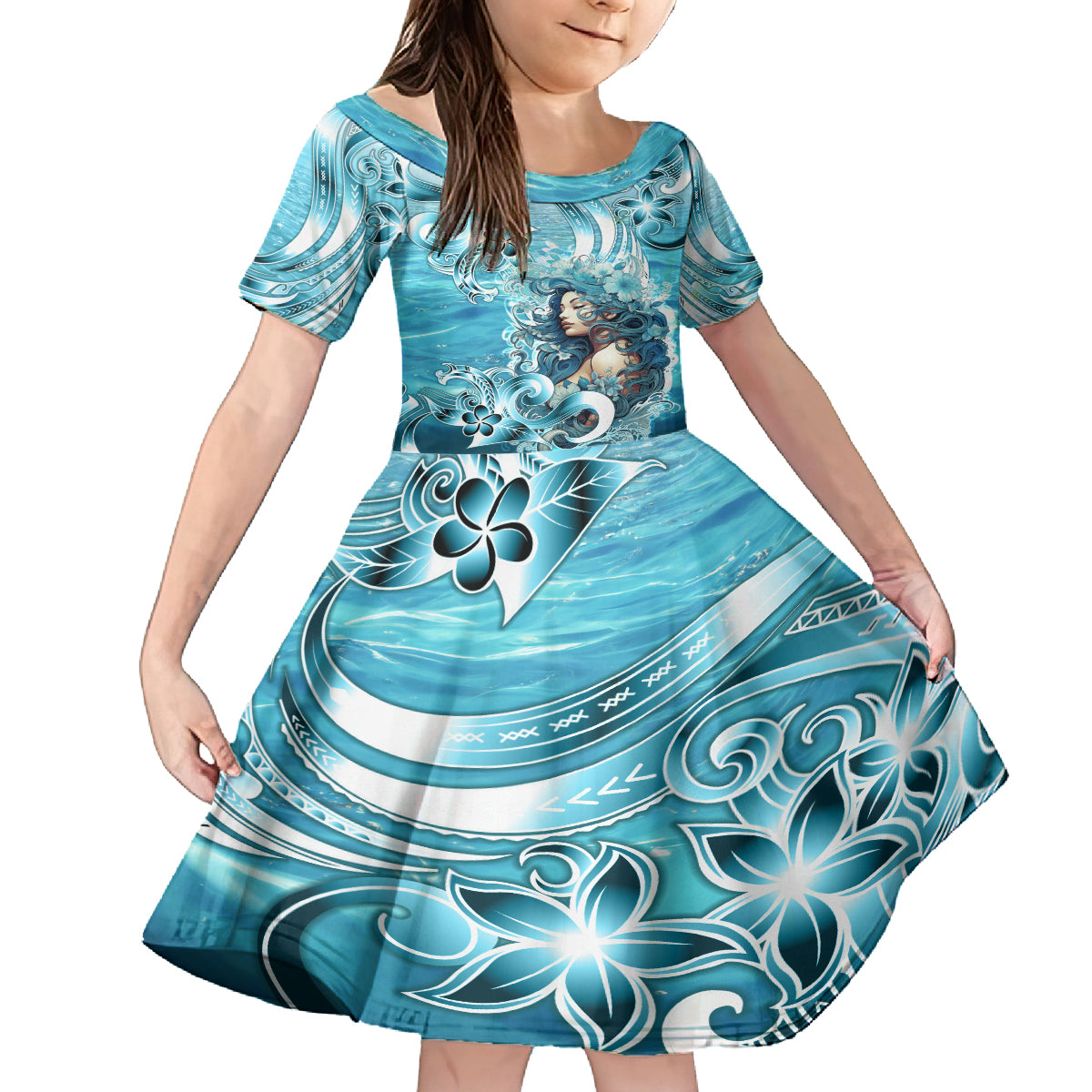 Hawaii Namaka Goddess Of The Sea Kid Short Sleeve Dress Polynesian Style LT05 KID Turquoise - Polynesian Pride