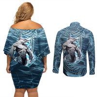 Hawaiian Shark God Kamohoalii Couples Matching Off Shoulder Short Dress and Long Sleeve Button Shirt Polynesian Style LT05 - Polynesian Pride