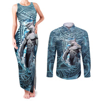 Hawaiian Shark God Kamohoalii Couples Matching Tank Maxi Dress and Long Sleeve Button Shirt Polynesian Style LT05 Blue - Polynesian Pride