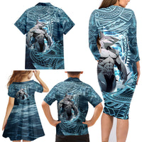 Hawaiian Shark God Kamohoalii Family Matching Long Sleeve Bodycon Dress and Hawaiian Shirt Polynesian Style LT05 - Polynesian Pride