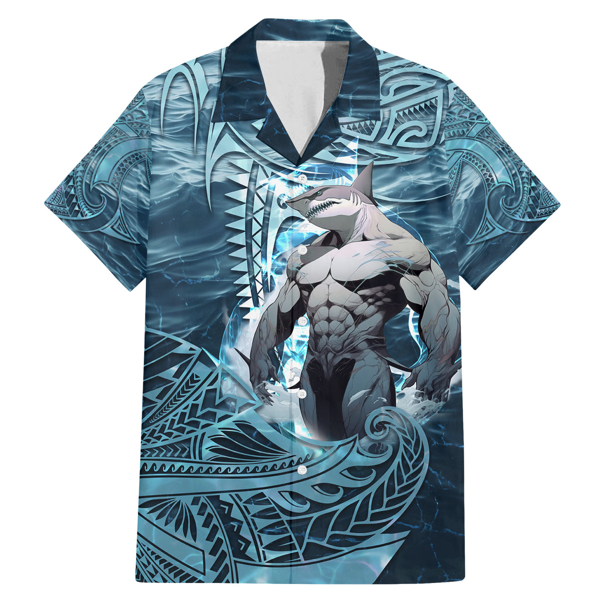 Hawaiian Shark God Kamohoalii Family Matching Mermaid Dress and Hawaiian Shirt Polynesian Style LT05 Dad's Shirt - Short Sleeve Blue - Polynesian Pride