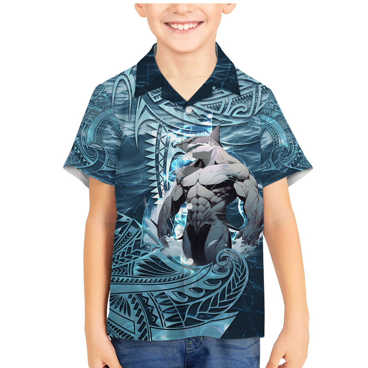 Hawaiian Shark God Kamohoalii Family Matching Mermaid Dress and Hawaiian Shirt Polynesian Style LT05 Son's Shirt Blue - Polynesian Pride