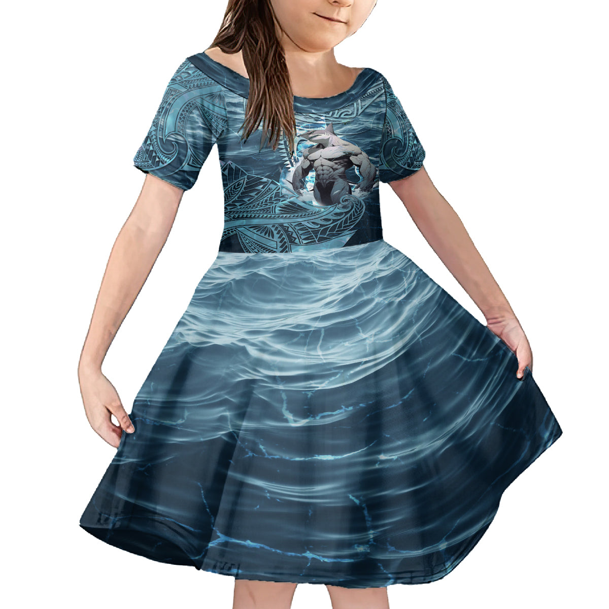 Hawaiian Shark God Kamohoalii Kid Short Sleeve Dress Polynesian Style LT05 KID Blue - Polynesian Pride