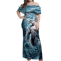 Hawaiian Shark God Kamohoalii Off Shoulder Maxi Dress Polynesian Style LT05 Women Blue - Polynesian Pride