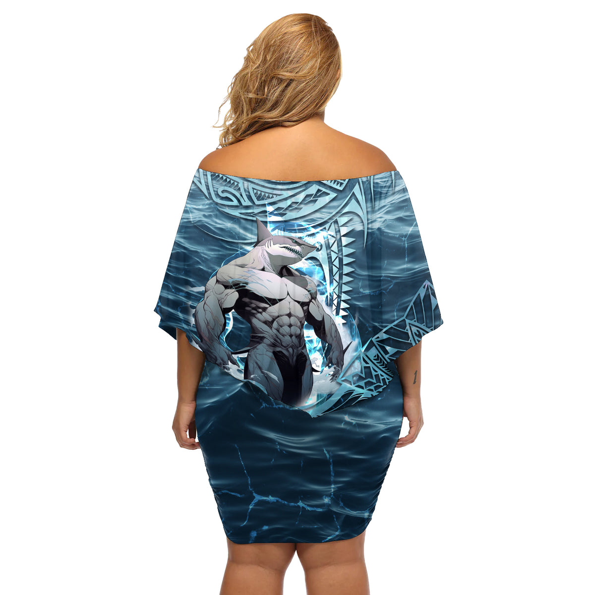 Hawaiian Shark God Kamohoalii Off Shoulder Short Dress Polynesian Style LT05 - Polynesian Pride