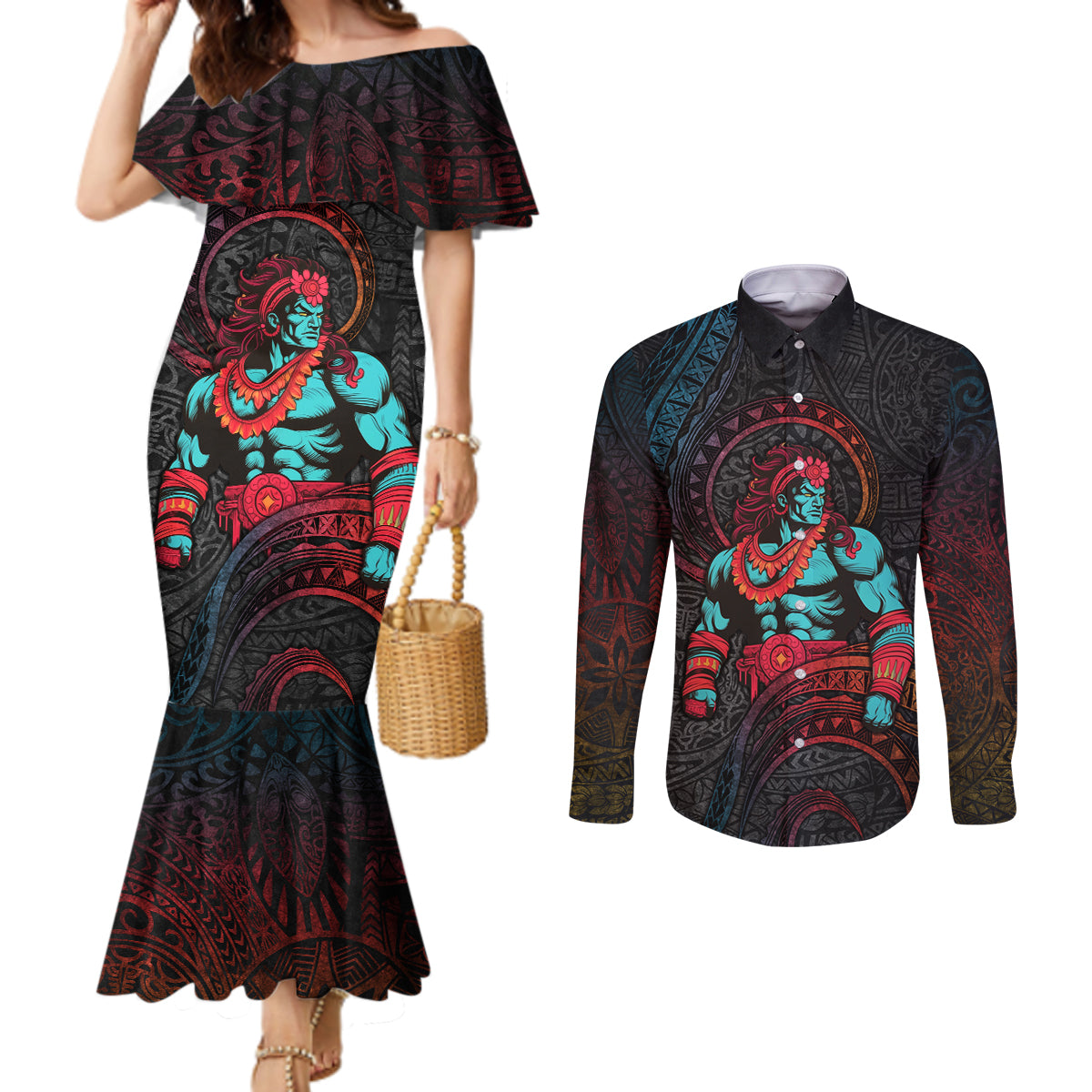 Hawaiian Demigod Maui Couples Matching Mermaid Dress and Long Sleeve Button Shirt Polynesian Mythology LT05 Black - Polynesian Pride