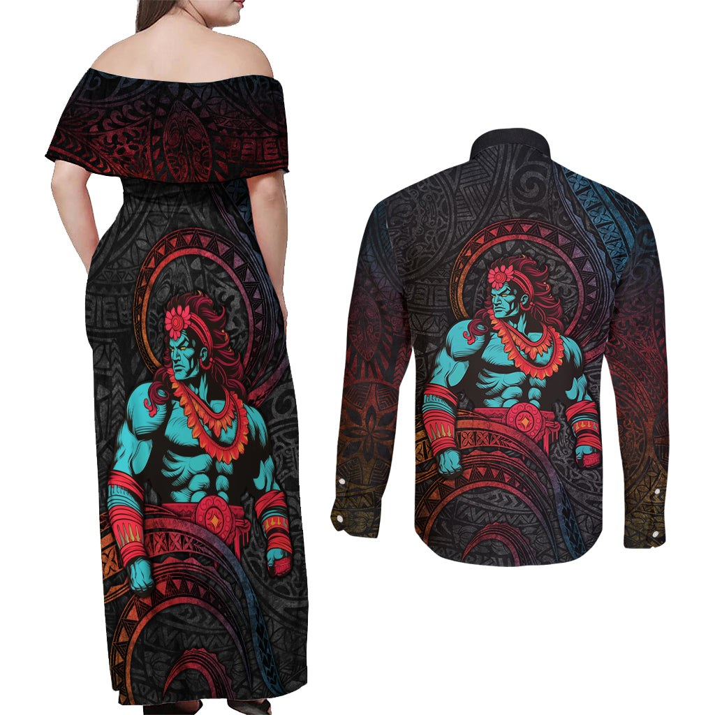 Hawaiian Demigod Maui Couples Matching Off Shoulder Maxi Dress and Long Sleeve Button Shirt Polynesian Mythology LT05 - Polynesian Pride