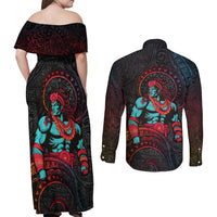 Hawaiian Demigod Maui Couples Matching Off Shoulder Maxi Dress and Long Sleeve Button Shirt Polynesian Mythology LT05 - Polynesian Pride