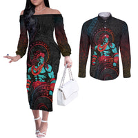Hawaiian Demigod Maui Couples Matching Off The Shoulder Long Sleeve Dress and Long Sleeve Button Shirt Polynesian Mythology LT05 Black - Polynesian Pride