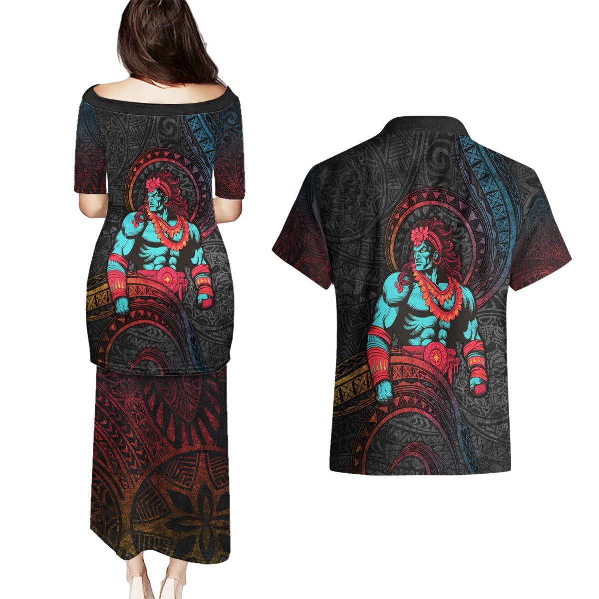 Hawaiian Demigod Maui Couples Matching Puletasi and Hawaiian Shirt Polynesian Mythology LT05 - Polynesian Pride