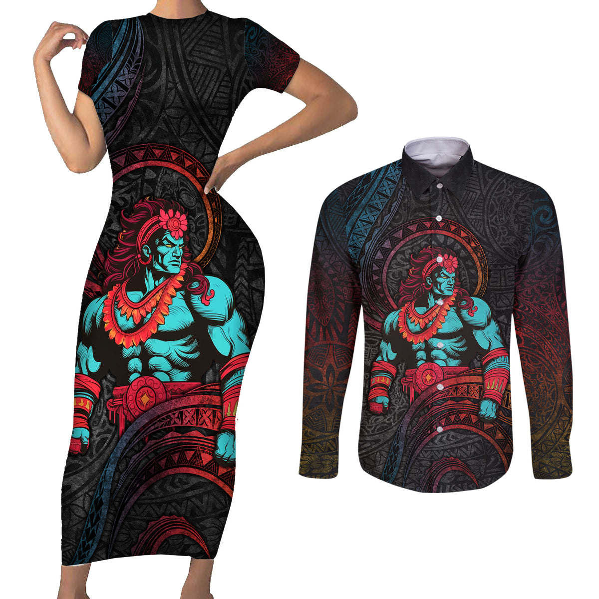 Hawaiian Demigod Maui Couples Matching Short Sleeve Bodycon Dress and Long Sleeve Button Shirt Polynesian Mythology LT05 Black - Polynesian Pride