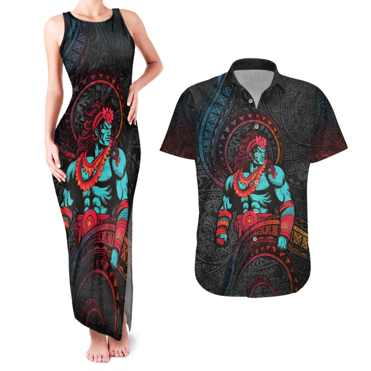 Hawaiian Demigod Maui Couples Matching Tank Maxi Dress and Hawaiian Shirt Polynesian Mythology LT05 Black - Polynesian Pride