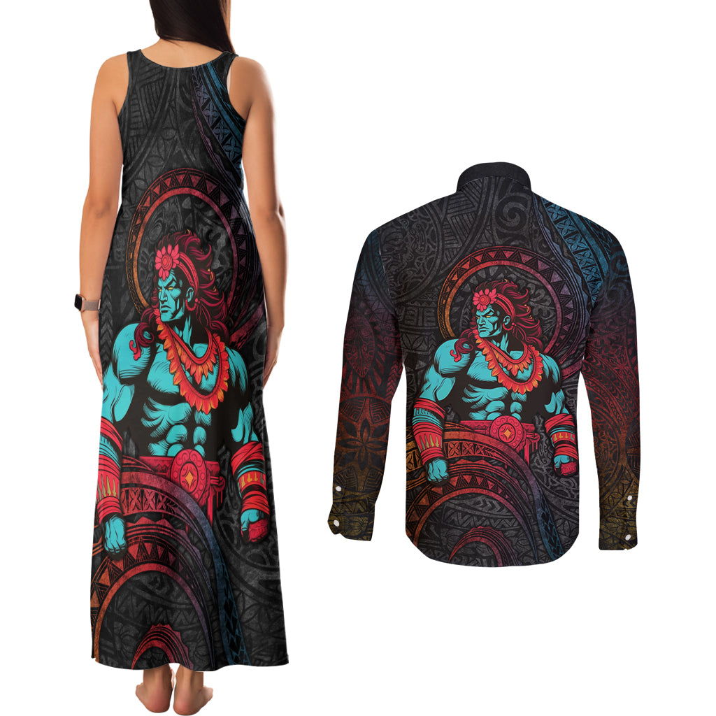 Hawaiian Demigod Maui Couples Matching Tank Maxi Dress and Long Sleeve Button Shirt Polynesian Mythology LT05 - Polynesian Pride