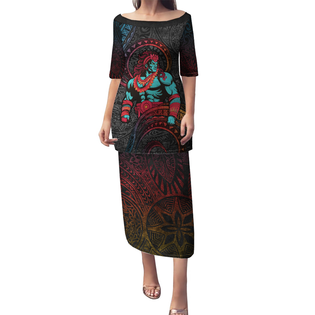 Hawaiian Demigod Maui Family Matching Puletasi and Hawaiian Shirt Polynesian Mythology LT05 Mom's Dress Black - Polynesian Pride