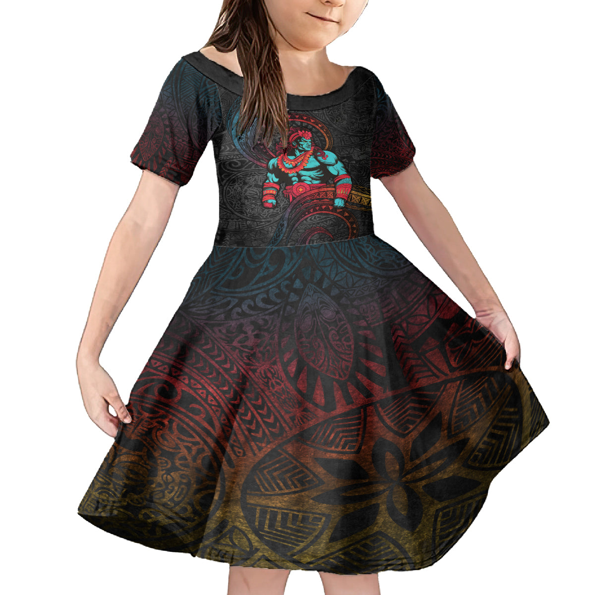 Hawaiian Demigod Maui Kid Short Sleeve Dress Polynesian Mythology LT05 KID Black - Polynesian Pride