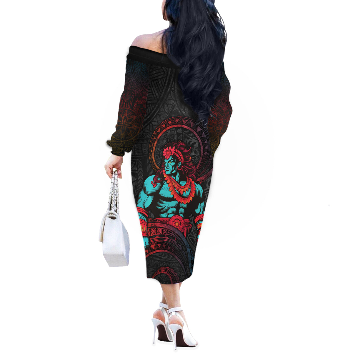 Hawaiian Demigod Maui Off The Shoulder Long Sleeve Dress Polynesian Mythology LT05 - Polynesian Pride