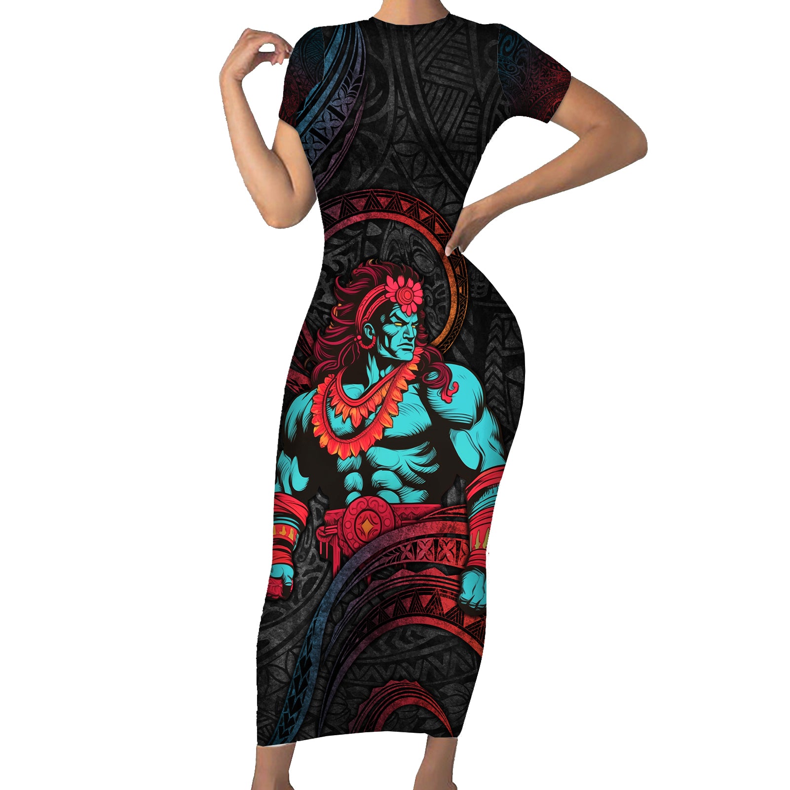 Hawaiian Demigod Maui Short Sleeve Bodycon Dress Polynesian Mythology LT05 Long Dress Black - Polynesian Pride