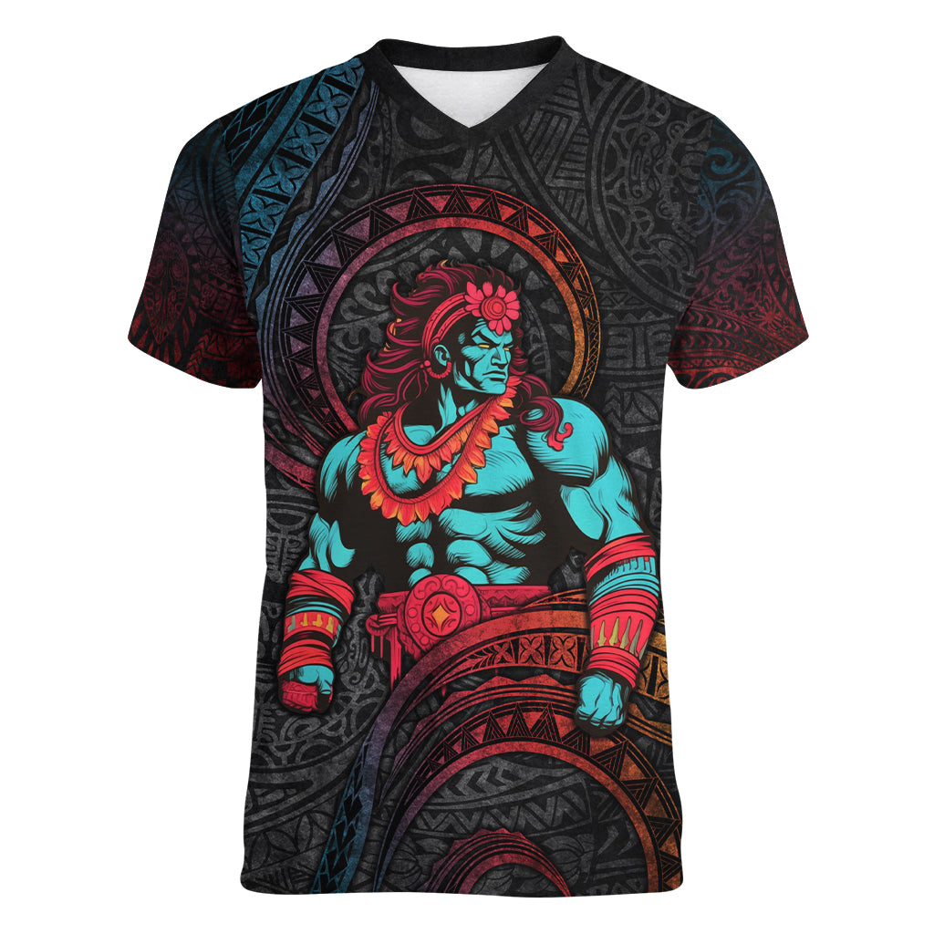 Hawaiian Demigod Maui Women V Neck T Shirt Polynesian Mythology LT05 Female Black - Polynesian Pride