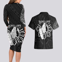 Philippines Tribal Couples Matching Long Sleeve Bodycon Dress and Hawaiian Shirt King Lapu Lapu Black Version