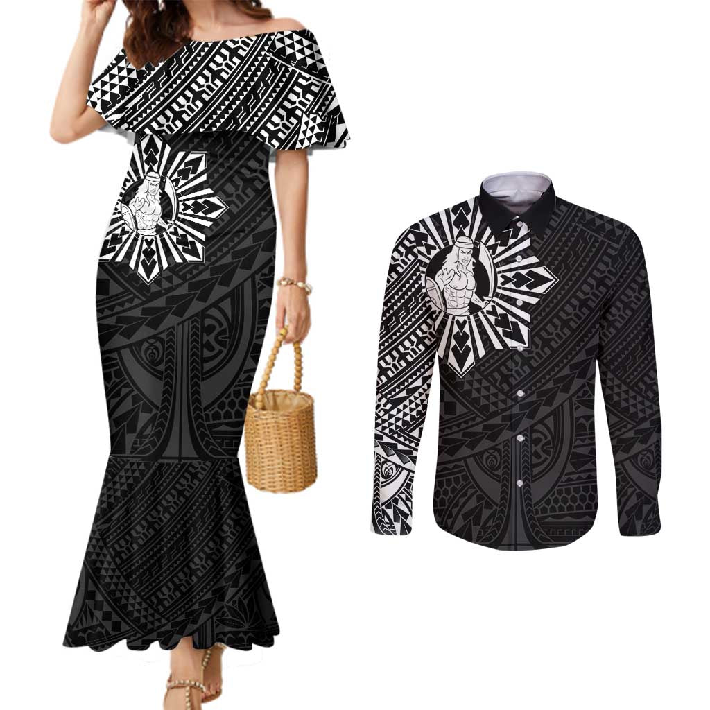 Philippines Tribal Couples Matching Mermaid Dress and Long Sleeve Button Shirt King Lapu Lapu Black Version LT05 Black - Polynesian Pride