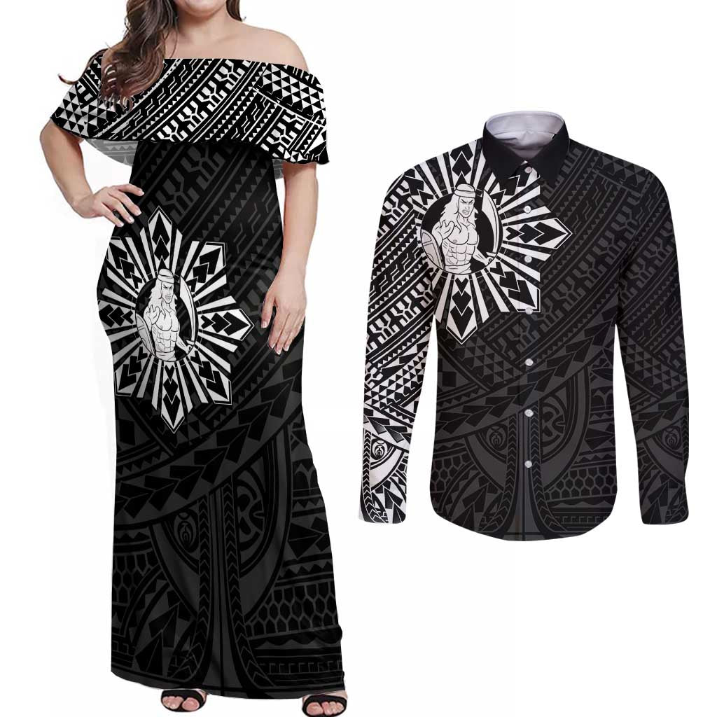 Philippines Tribal Couples Matching Off Shoulder Maxi Dress and Long Sleeve Button Shirt King Lapu Lapu Black Version LT05 Black - Polynesian Pride