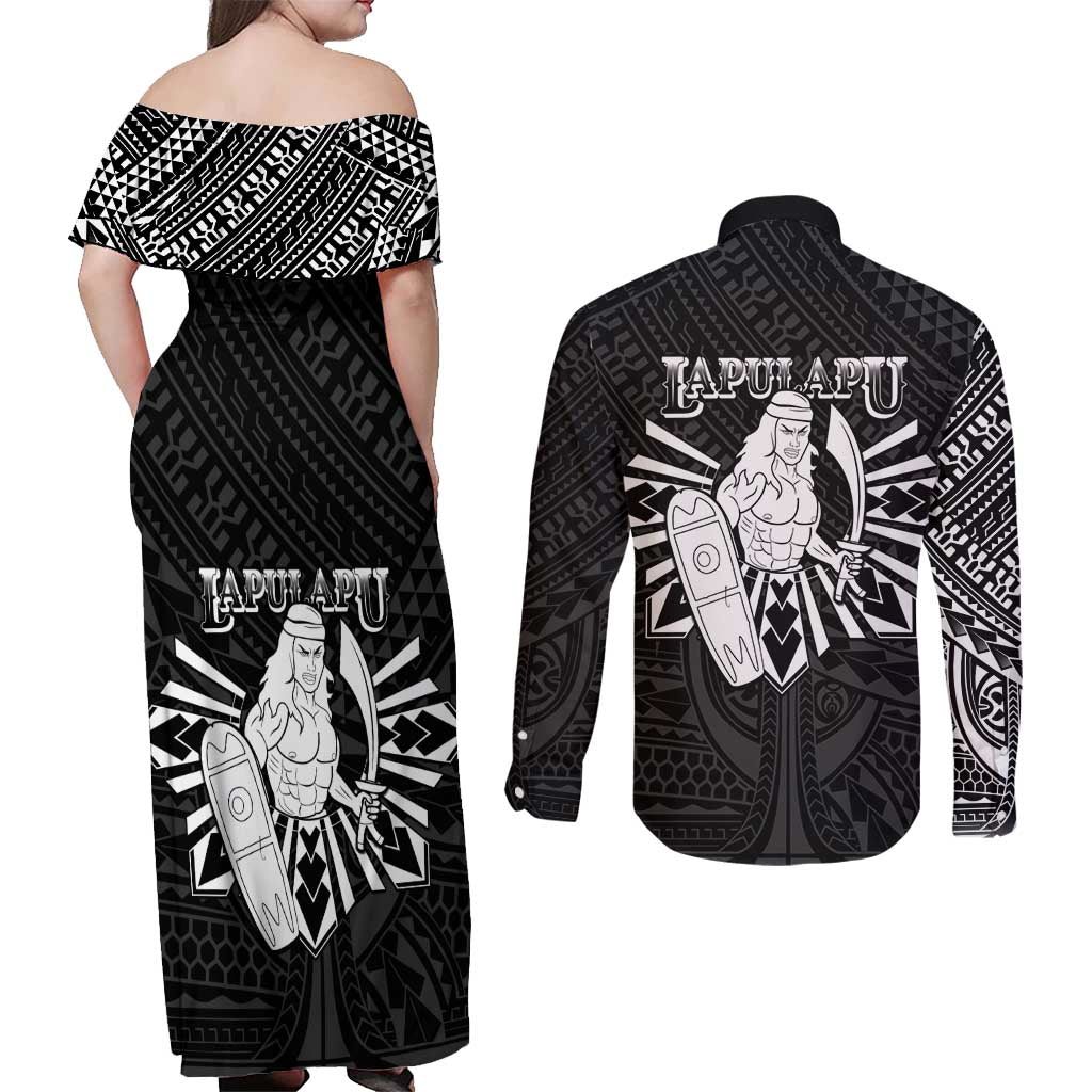 Philippines Tribal Couples Matching Off Shoulder Maxi Dress and Long Sleeve Button Shirt King Lapu Lapu Black Version