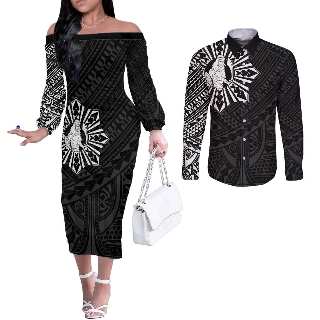 Philippines Tribal Couples Matching Off The Shoulder Long Sleeve Dress and Long Sleeve Button Shirt King Lapu Lapu Black Version LT05 Black - Polynesian Pride