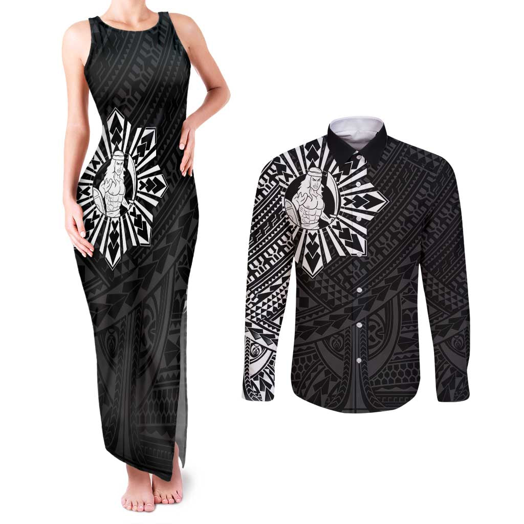 Philippines Tribal Couples Matching Tank Maxi Dress and Long Sleeve Button Shirt King Lapu Lapu Black Version LT05 Black - Polynesian Pride