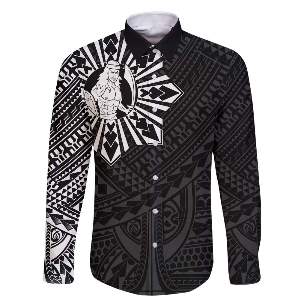 Philippines Tribal Family Matching Long Sleeve Bodycon Dress and Hawaiian Shirt King Lapu Lapu Black Version