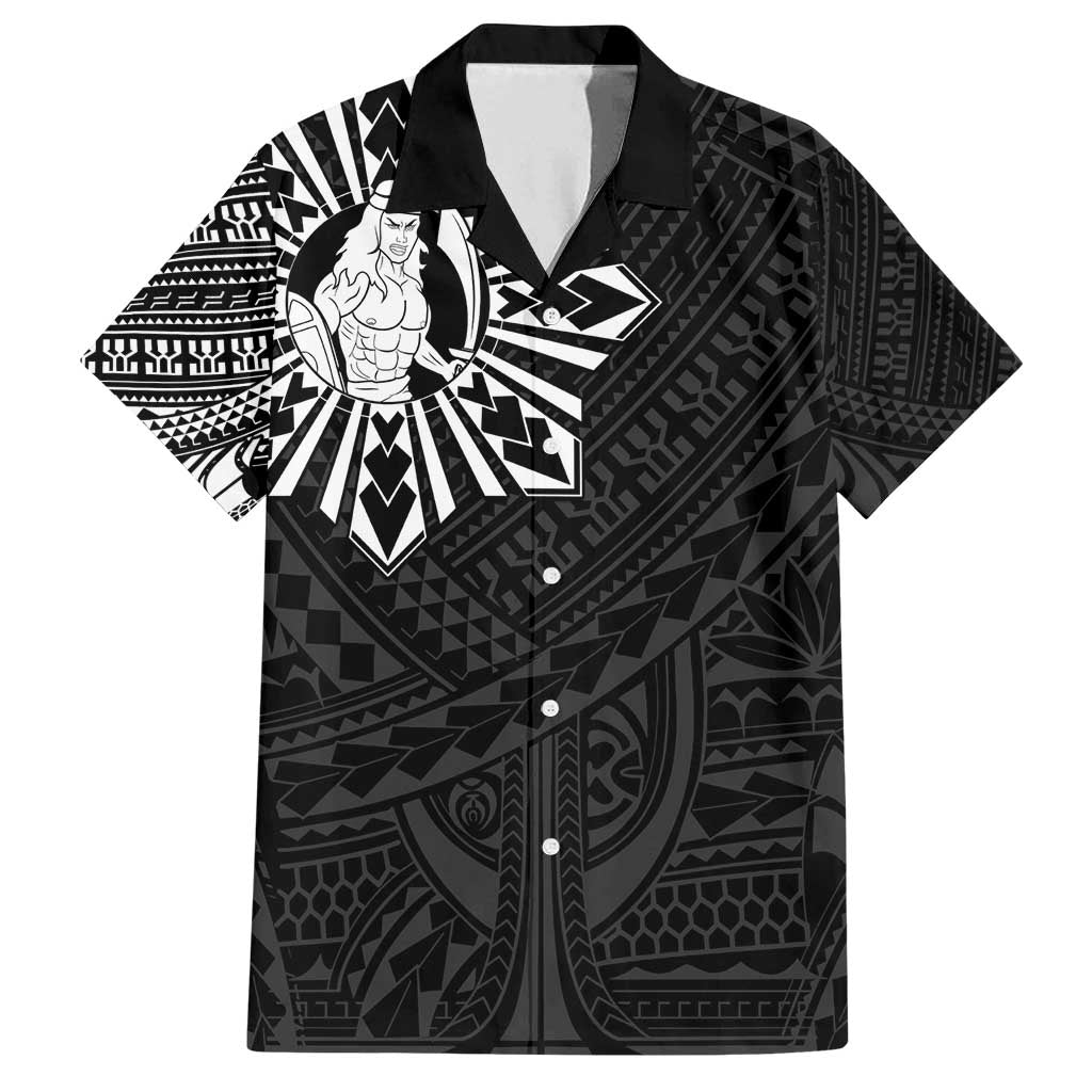 Philippines Tribal Family Matching Off Shoulder Short Dress and Hawaiian Shirt King Lapu Lapu Black Version