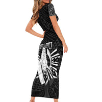 Philippines Tribal Family Matching Short Sleeve Bodycon Dress and Hawaiian Shirt King Lapu Lapu Black Version