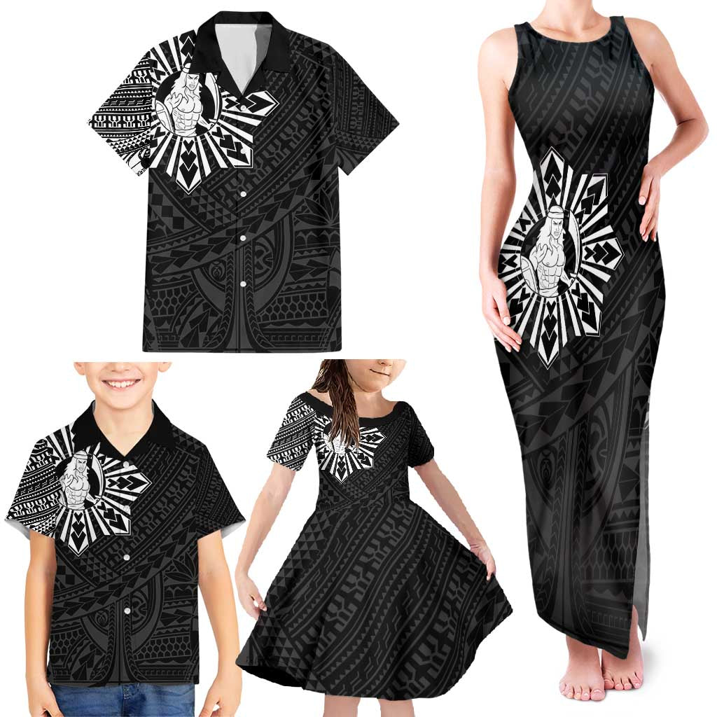 Philippines Tribal Family Matching Tank Maxi Dress and Hawaiian Shirt King Lapu Lapu Black Version