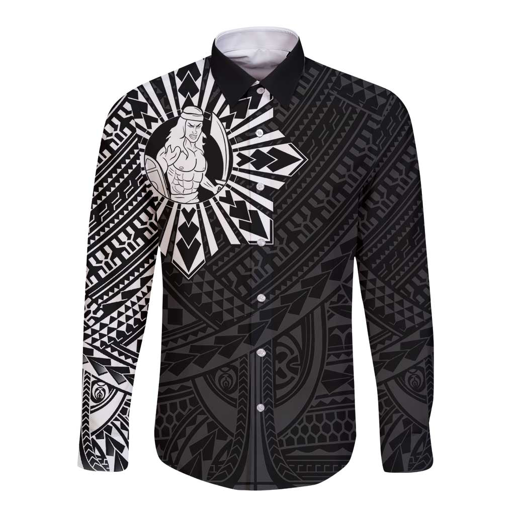 Philippines Tribal Long Sleeve Button Shirt King Lapu Lapu Black Version LT05 Unisex Black - Polynesian Pride