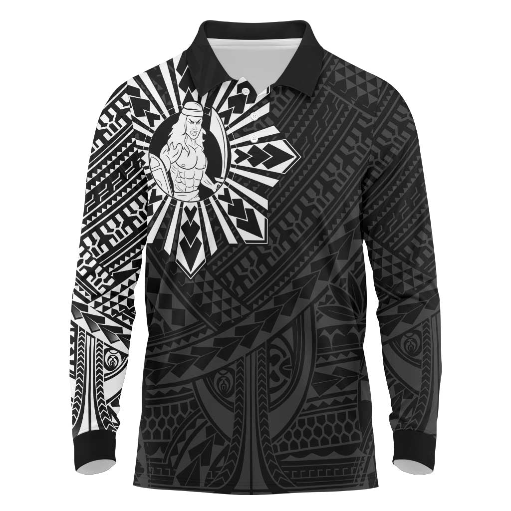 Philippines Tribal Long Sleeve Polo Shirt King Lapu Lapu Black Version LT05 Black - Polynesian Pride