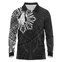 Philippines Tribal Long Sleeve Polo Shirt King Lapu Lapu Black Version