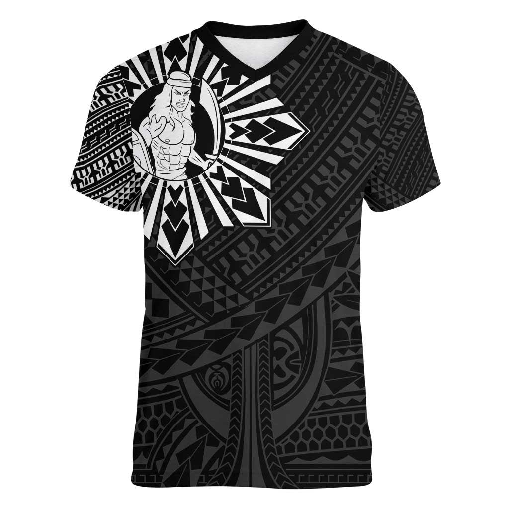 Philippines Tribal Women V-Neck T-Shirt King Lapu Lapu Black Version LT05 Female Black - Polynesian Pride