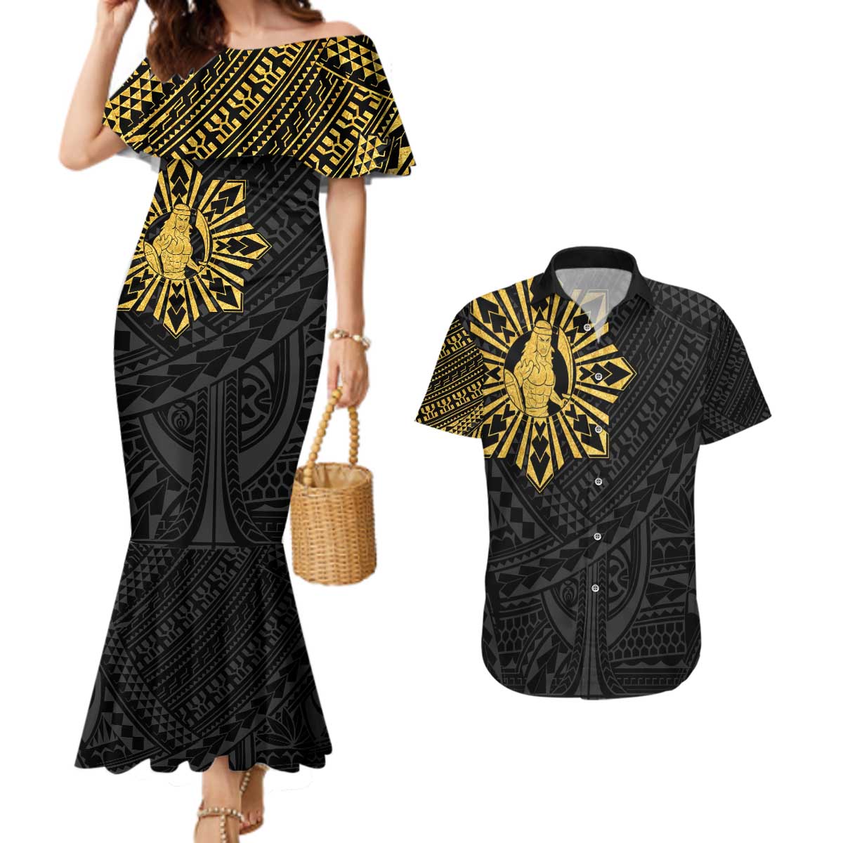 Philippines Tribal Couples Matching Mermaid Dress and Hawaiian Shirt King Lapu Lapu Gold Version