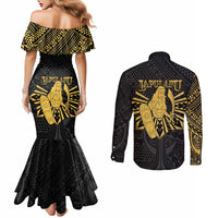Philippines Tribal Couples Matching Mermaid Dress and Long Sleeve Button Shirt King Lapu Lapu Gold Version