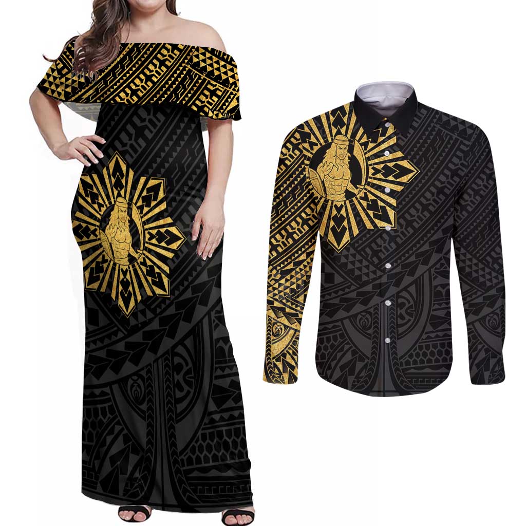 Philippines Tribal Couples Matching Off Shoulder Maxi Dress and Long Sleeve Button Shirt King Lapu Lapu Gold Version LT05 Gold - Polynesian Pride