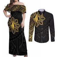 Philippines Tribal Couples Matching Off Shoulder Maxi Dress and Long Sleeve Button Shirt King Lapu Lapu Gold Version
