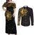 Philippines Tribal Couples Matching Off Shoulder Maxi Dress and Long Sleeve Button Shirt King Lapu Lapu Gold Version