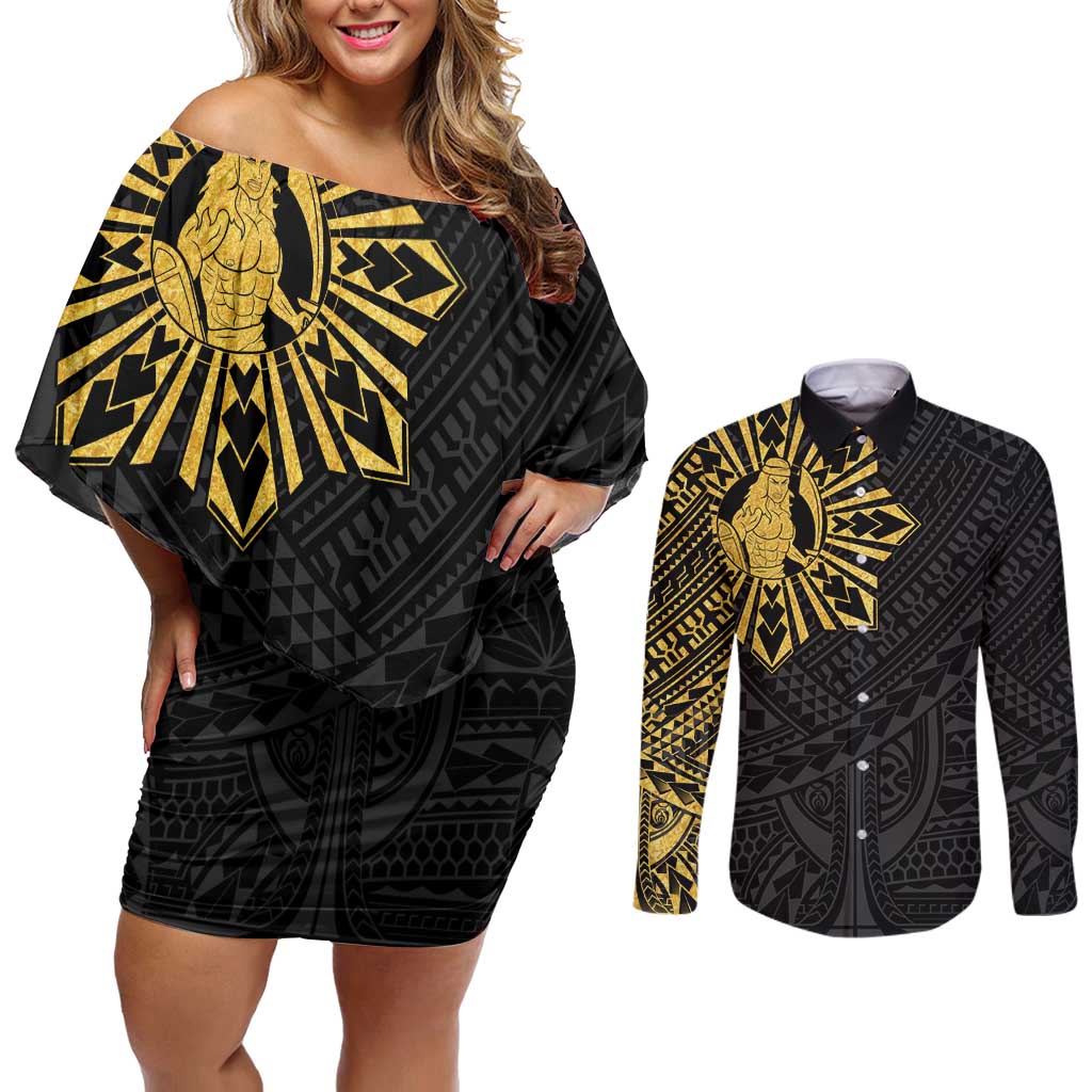 Philippines Tribal Couples Matching Off Shoulder Short Dress and Long Sleeve Button Shirt King Lapu Lapu Gold Version LT05 Gold - Polynesian Pride