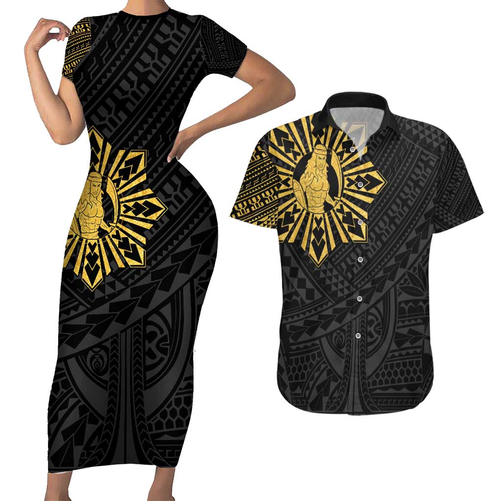 Philippines Tribal Couples Matching Short Sleeve Bodycon Dress and Hawaiian Shirt King Lapu Lapu Gold Version