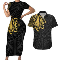 Philippines Tribal Couples Matching Short Sleeve Bodycon Dress and Hawaiian Shirt King Lapu Lapu Gold Version