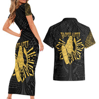Philippines Tribal Couples Matching Short Sleeve Bodycon Dress and Hawaiian Shirt King Lapu Lapu Gold Version