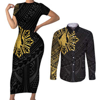 Philippines Tribal Couples Matching Short Sleeve Bodycon Dress and Long Sleeve Button Shirt King Lapu Lapu Gold Version