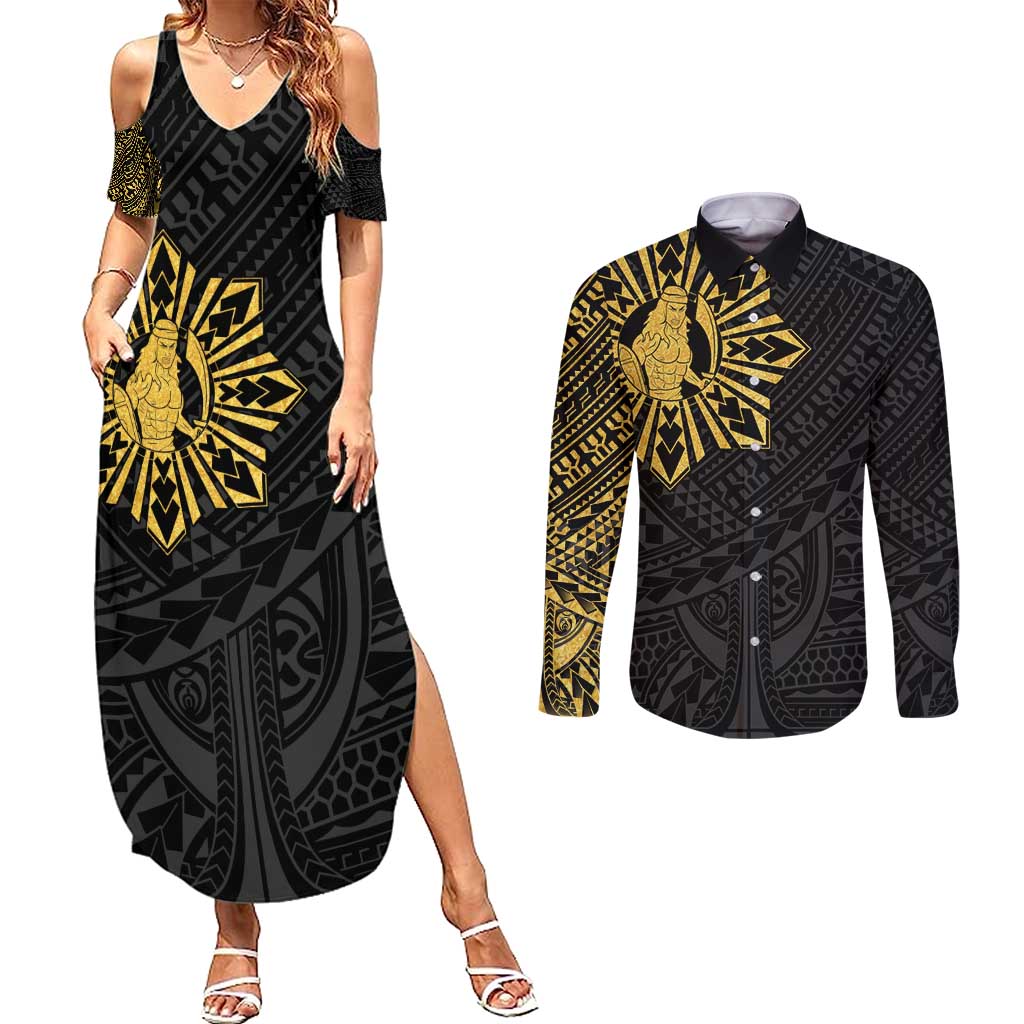 Philippines Tribal Couples Matching Summer Maxi Dress and Long Sleeve Button Shirt King Lapu Lapu Gold Version